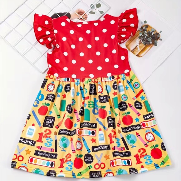 Back to School Toddler Girls Ruffle Trim Polka Dot School Themed Dress - Picture 2 of 5